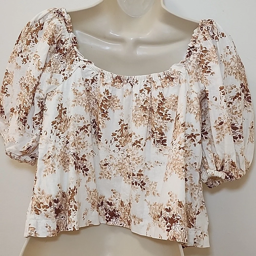 Abercrombie & Fitch  Puff-Sleeve Cream,Tan, Brown Blouse Romantic Sz XS